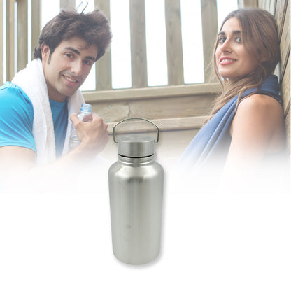 Large stainless steel water bottle with handle, leak-proof and suitable for gym use