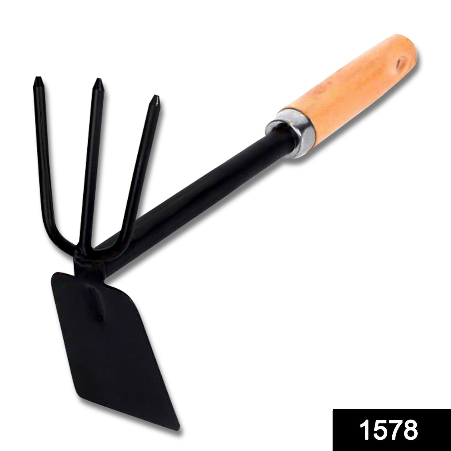 Double-ended hoe gardening tool with wooden handle.