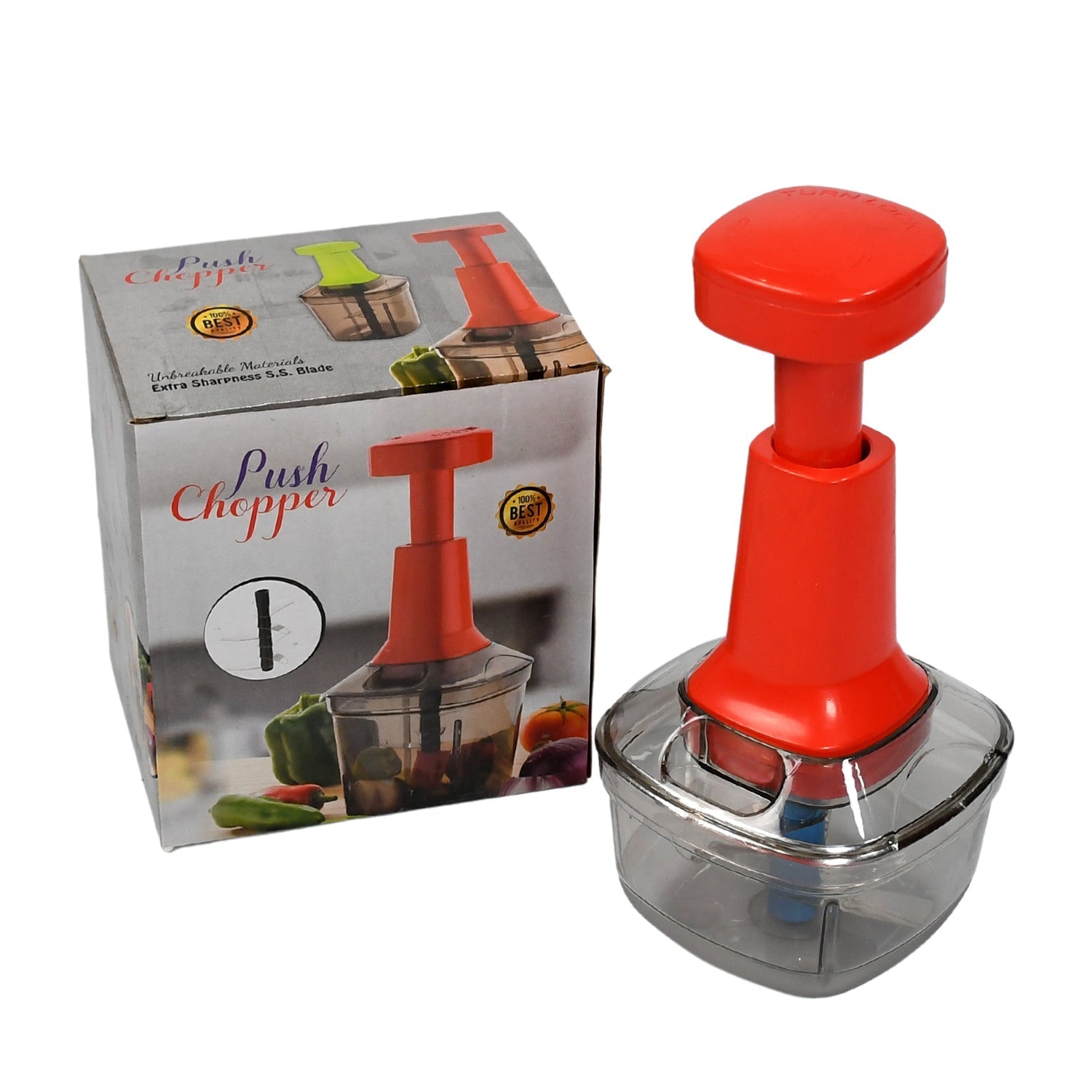 Food push chopper with three stainless steel blades