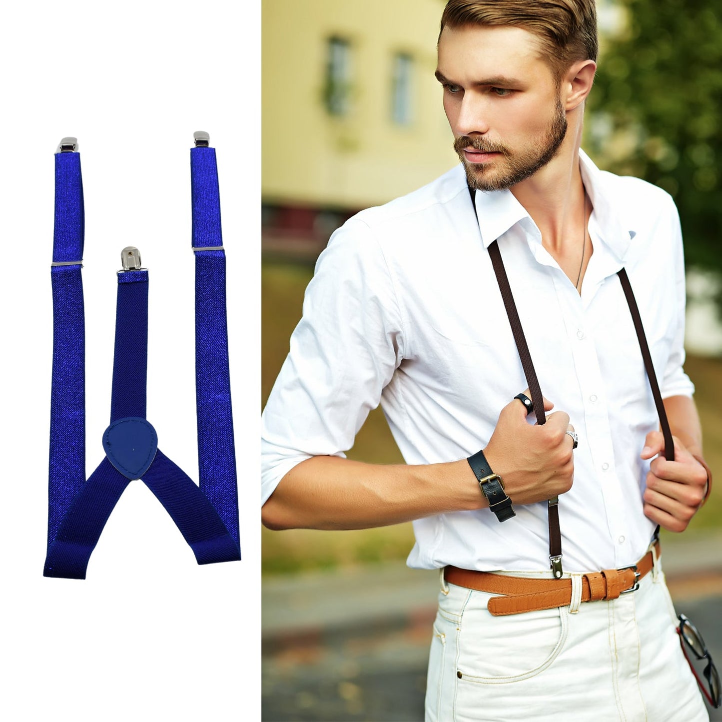 Metal clip suspenders in royal blue.