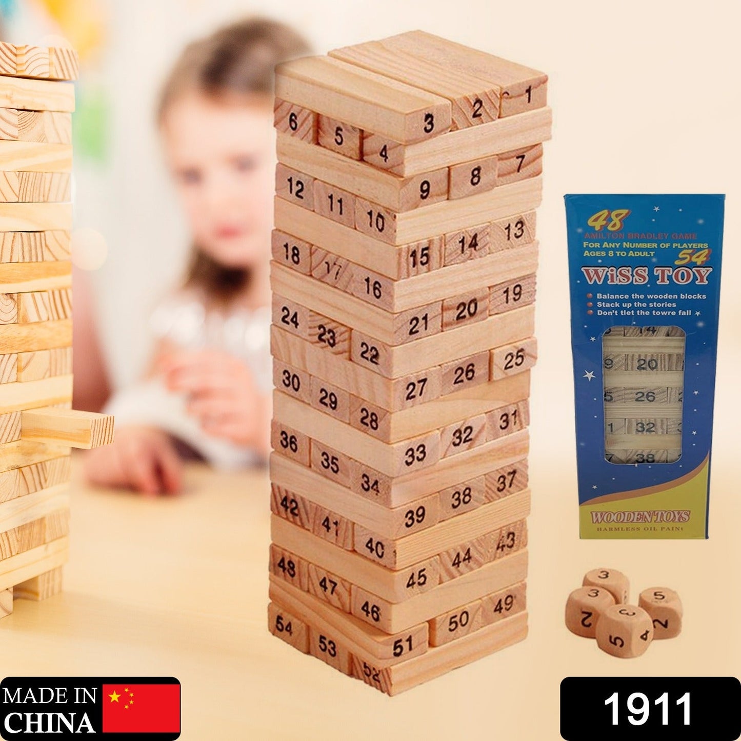 54 Pcs Blocks 4 Dices Wooden Tumbling Stacking Building