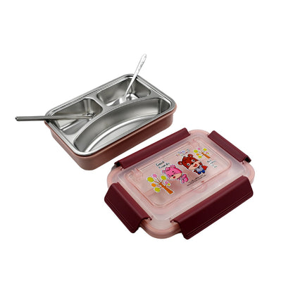 Lunch box with stainless steel utensils and compartments, designed for kids.