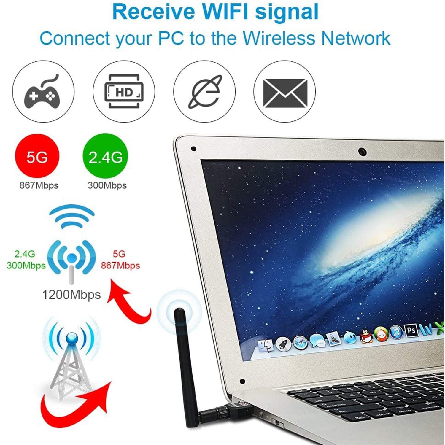 Small USB WiFi adapter for efficient internet use at home or office.