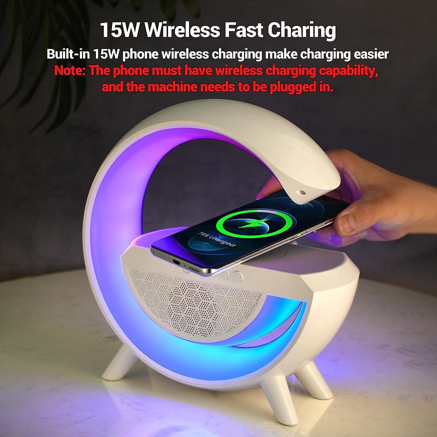 LED light with Bluetooth speaker and wireless charging