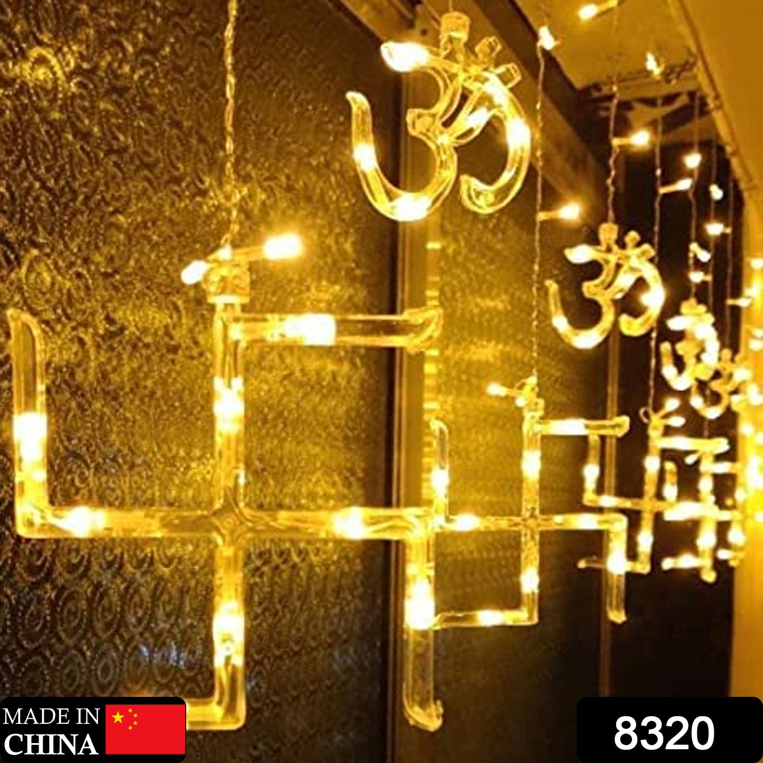 decorative curtain lights featuring Om and Swastik symbols.