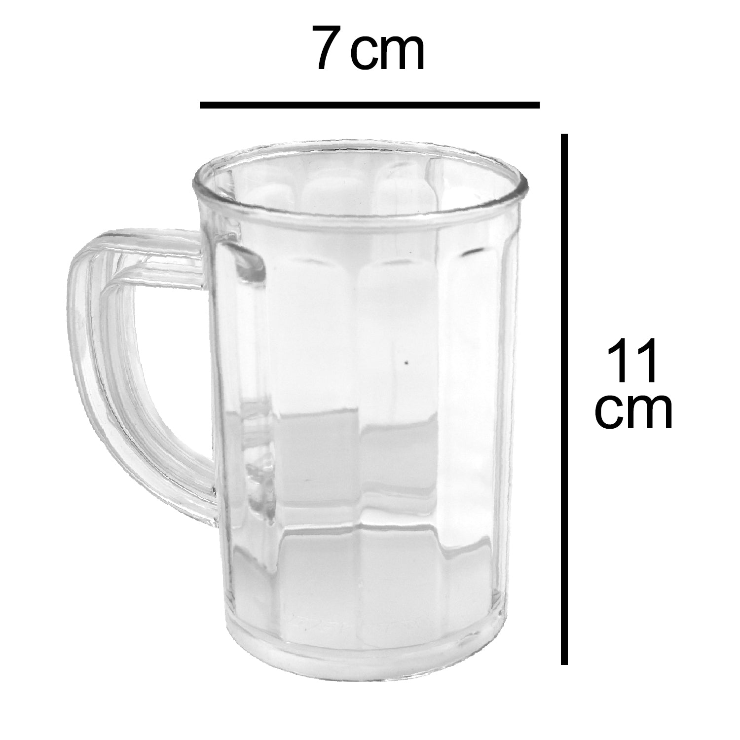 Set of 4 transparent plastic beer mugs.