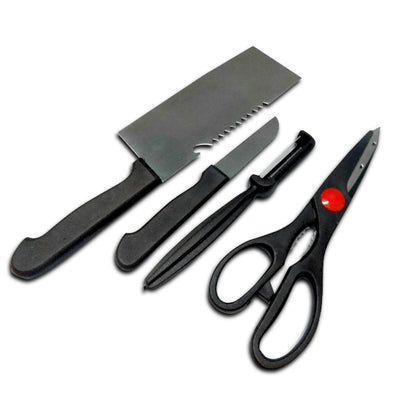 Stainless steel kitchen tool set including butcher knife, standard knife, peeler, and scissors.