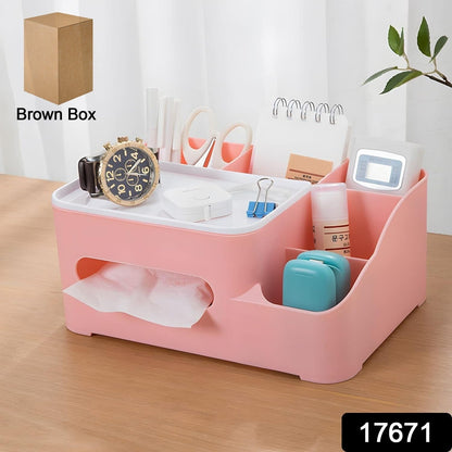 Tissue Paper Storage Holder, Stationery Storage Remote Control, Decorative Pen, Pencil, Napkin, Mobile Phone Multi-Function Desk Storage Organizer for Home and Office (6 Compartment)